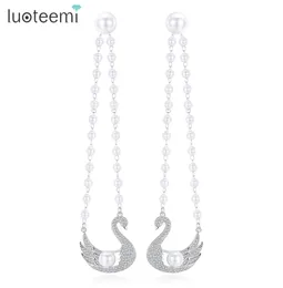 LUOTEEMI Trendy Dualuse Swan Dangle Earrings with CZ Stone And Imitation Pearl Beaded Drop Earring For Women Valentine Gift8372029