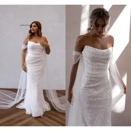 Simple Designed Sequined Mermaid Wedding Dresses Elegant Strapless Backless Sheath Long Summer Beach Garden Bridal Gowns Plus Size Bc18124 0418