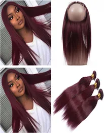 99J Wine Red Prected 360 Lace Frontal Frontal مع 3Bundles مستقيمة بيرو بورغوندي البرجية البكر.