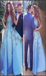 Buz Mavisi Modern Said Mhamad Akşam Elbise 2017 Boncuklu Altları ile Saf Mücevher Boyun Bir Çizgi Overkirt Arap Dubai Formal P6719461