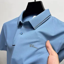 Yüksek Sınıf Buz İpek Kısa Kollu T-Shirt Erkek Kazan İşlemeli İş Polo Gömlek Erkek Yaz Nefes Alabilir Pürüzsüz Yarım Kol 240415