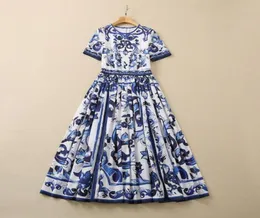 2022 Summer outono de caça curta pescoço redondo azul Paisley com painéis de algodão midcalf vestidos elegantes vestidos casuais 22q19231544669991