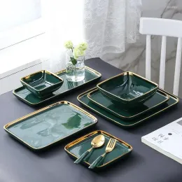Teller Teller moderne Luxus dunkelgrüne Keramik -Teller Kochen Geschirr Home Golden Grenzporzellan Steak Pasta -Tischgeschirrset Set