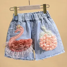 Baby Girls Summer Cotton Cotton Shorts Pants Toddler Kids Cute Swan Flower Flower Jeans for Teenager Girls Clothing 240418