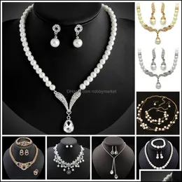 Ohrringe Halskette Brautjungfer Schmuck Set für Hochzeitskristall-Strass-Tränen-Drop-Form-Perlen Halskette Anhänger Ohrring Par ochdd