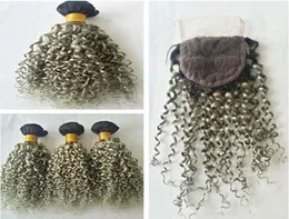 Two Tone 1BGray Dark Root Ombre Human Hair With Closure 4Pcs Lot Sliver Grey Ombre Deep Curly Hair Bundles With Lace Closures6447383