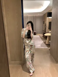 D24 High-quality Colorful Jungle Pajamas Spring and Summer Long-sleeved Cardigan Home Suit Luxury Satin Silk Homewear Soft Cool Pjs women's long sleeved pajamas