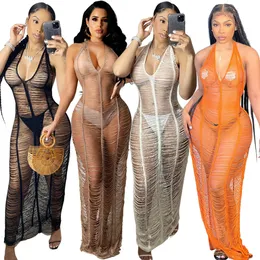 Women Sexy Dress Summer Beach Life Sex Club Party Knitted Long Dresses Erspective Deep V-neck Halter Lace Up Tight Skirts Hollow Out Lady Clothing Casaul Outfits