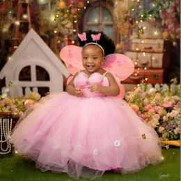 2024 Pink Little Girls Birthday Kleid Blumenmädchen Kleid Kleider Kleider Spaghetti -Träger Strasssteine Prinzessin Königin Geburtstagsfeier Kleid für süßes Mädchen F126