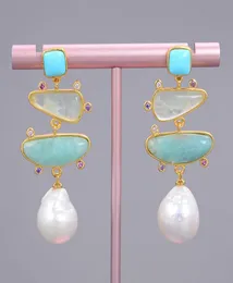 Guaiguai Jewelry Freshwater White Pearl Blue Turquoise Green Amazonite Dangle Stud Earrings real Gems Stone Lady Fashion6385902