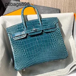 Madeira 7A Bolsa Bolsa Bikns Couro genuíno Crocodilo de alto brilho com 25 cm de costura de costura de última geração feminina de mão