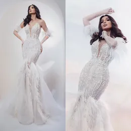 Zarif Tüy gelinlik Straplez Denizkızı Gelin Gowns Sequins Illusion Özel Yapılı Zemin Uzunluğu Sırtsız Vestidos De Novia