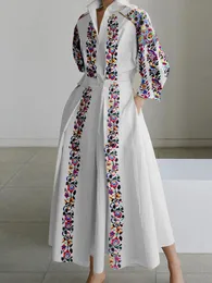 Vestido de tamanho grande para mulheres de lapela pescoço Aline plissado com estampa floral colarinho um botão camisa casual elegante 34 manga 240411