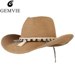 Gemvie Shell Pubsels Cowgirl Yaz Şapkası Hip Şapkası Kadınlar Erkekler Batı Kovboy Şapkası Lady Modaya Dokuma Dokuma Güneş Şapkası Plaj Kapağı 240412