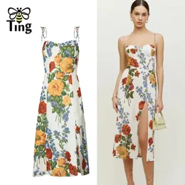 Abiti casual Tingfly Donne Summer Floral Stampa tie up abiti split streetwear sexy senza maniche vestidos elbise abbigliamento mujer