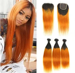 Orange Ombre Brasilianisches menschliches Haar 3Bundles mit Verschluss gerade 1borange Ombre Jungfrau Haarwebe Wefts Dunkle Wurzeln mit 4x4 Lace444800152