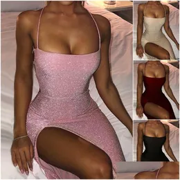 Temel gündelik elbiseler parıltılı pembe dantel yukarı açık arka yüksek bölünmüş maxi elbise moda yaz kulübü bodycon kadın damla dağıtım kıyafetleri w dhqve