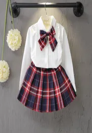 Осень, новая школьная мода, модные маленькие девочки, набор платья, белая топ рубашки с клетчатым узлом, мини -юбка, 3 ПК, 37T6174200