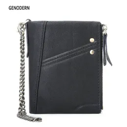 Wallets Genodern New Cheget Double Zipper Men carteira com cadeia de metal RFID Short Hasp para Man Women Multi Funcion