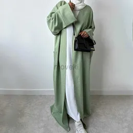 エスニック服新しいリネン着物オープンアバヤポケット付き高品質ドバイ控えめなイスラム教徒の女性