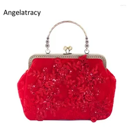 Bolsas de noite Angelatracy 2024 feita à mão para mulheres Red Lace Bolsa Bolsa de Luxúria Bolsa Blingbling Vintage