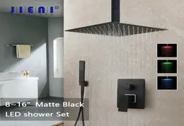 JIENI 8 12 16 Inch Black Bathroom Shower Faucet Set Ceiling Mount Black LED Shower Head Mixer Tap W Rainfall Shower Faucets Set L6107920