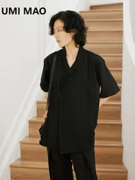 Bluzki damskie Umi mao nisza Yamamoto ciemny top design chiński styl klamra pochylona gałka lapowa krótkie rękawowe koszulę femme