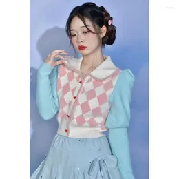 Women's Knits Pink Blue Plaid Sweater Long Sleeved Cardigan Doll Neck Cute Red Peach Button Jacquard Bubble Sleeve Coat 2024 Slim Sueter