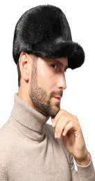 Män Real Mink Fur Peaked Cap Winter Warm Baseball Hat Outdoor Travel Black7848192