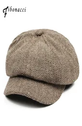 FIBONACCI 2017 New Wool Blend Newsboy Cap Boina de alta qualidade Retro listrado chapéu octogonal para homens Hats S10206244102