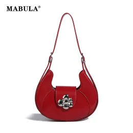 バケツMabula Red Woman's Half Moon Sholdled Frap Cover Lady Vegant Leather Saddle Crossbody Bag調整可能なストラップホーボーウォレット