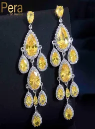 Pera Luxury Dangle Chandelier Shape Ear Jewelry Accessories Big Yellow Water Drop Crystal Stone Pave Long Earring For Women E2588602203