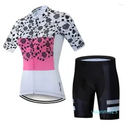 Set racinguppsättningar 2023 Pink Cycling Women Summer Short Sleeve Jersey Set Road Bicycle Jerseys Mountain Bike Uniform MTB Wear 45