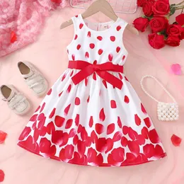 Girl Dresses 2024 Summer Arrival Girls Sleeveless O Neck Print Petal Red Cute Party Princess Dress Custume 18M-7T