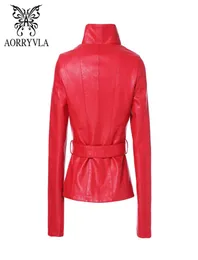 Aorryvla Yeni Bahar Kadın Deri Deri Ceket Kırmızı Renk Tartışma Yakası Kısa Uzunluk Slim Style Moda Sahte Deri Ceket 2020 LJ2013679606