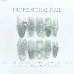 False unhas 10pcs Manicure Butterfly Smoothie Cats Eye Handmade acrílico Falso unhas com cola prensa de amêndoa vestível em unhas longa unha falsa y240419