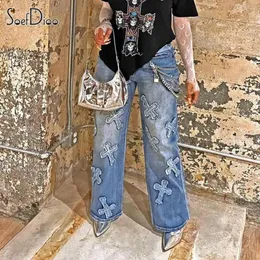 Kvinnors jeans soefdioo cross lapptäckfickor midi midja bred ben denim byxor kvinnor faller 2024 hipster gata raka byxor trender