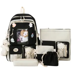 Väskor 5st/Set Japanese High School Girls Backpack School Väskor Kawaii Söt Mochila Multi Pockets Ryggsäckar för tonårsflickor Bokväskor