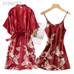 Women's Sleep Lounge Burgundy Women 2pcs Fuce Silk Kimono Robe Set Set Sexy Stampa Nightdress Nightdress Wakerobe Lingerie Nightgown Sump Abbigliamento D240419