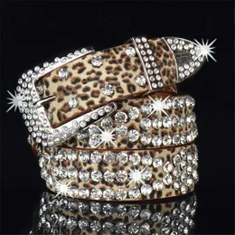 Women Fashion Solid Leopard Print Sudded Rhinestone Belt Pu Leather Bling Crystal Allable Blitter Blitter for Club Party 240419