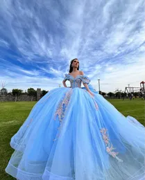 Sky Blue Princess Quinceanera Dresses Ruffles Peplum off 어깨 꽃 아플리크 코르셋 멍청이 15 anos Quinceanera 2024