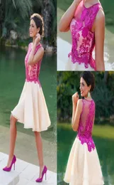 Sheer Neck Short Aline Party Dresses Ruched Fushia Lace Appliques Ruched Organza Formal Evening Prom Clows Billiga Dubai Arabic Ves2733517
