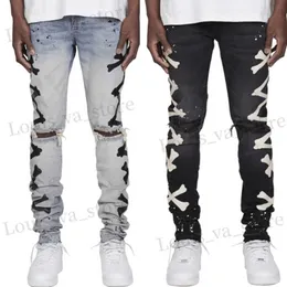 Jeans masculinos Smart Casual Mens Jeans com Patches Cross Cross Compromutados Jeans Rajados Louvados para Male T240419