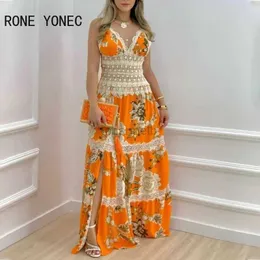 Grundläggande avslappnade klänningar Kvinnor Floraltryck Kontrast Spets Split Hem Maxi Dress Vacation Dresses 240419