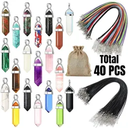 Total 40 PCS Hexagonal Chakra Crystal Bullet Shape Gemstone Pendant Necklace Quartz with Leather Necklace Chain and Storage Bag 240408