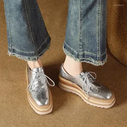 Casual Shoes Spring Autumn Women Derby Platform Silver Pink Flats Brogue Cow Leather Lace Up Classic Hollow Footwear Female Oxford Lady