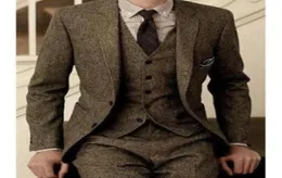 Men do vintage Ternos Tuxedos Wool Tweed 3 peça Brown Herringbone Suit Custom Slim Fit Groom Wear Wedding Tuxedos8454481