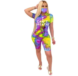 I Cant Breathe Women Tracksuits Tiedye Letter Printing Round Neck ShortsPants With Mask Sport Shorts Two Piece Sets Clothing GGA9695258