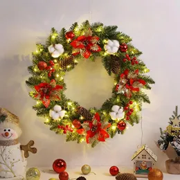 Decorative Flowers Christmas Garland Decoration Artificial Wreaths Ornaments With Spruce Pine Cones Berry Ball Light Up For Wall Front Door
