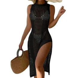 Vestidos casuais básicos 2024 Mulheres roupas de banho encobridas de crochê de crochê de banheira de biquíni de biquíni com roupas de banho de praia sem mangas vestidos de praia 240419